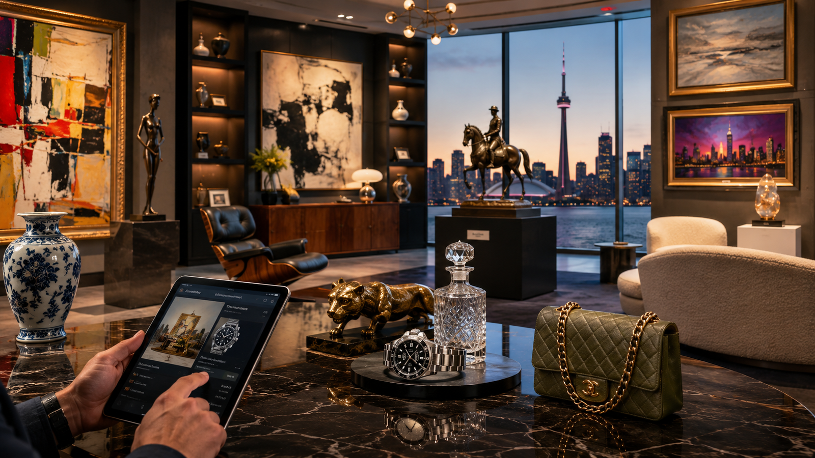 Luxury auction house with art, watches, handbags, and Toronto view