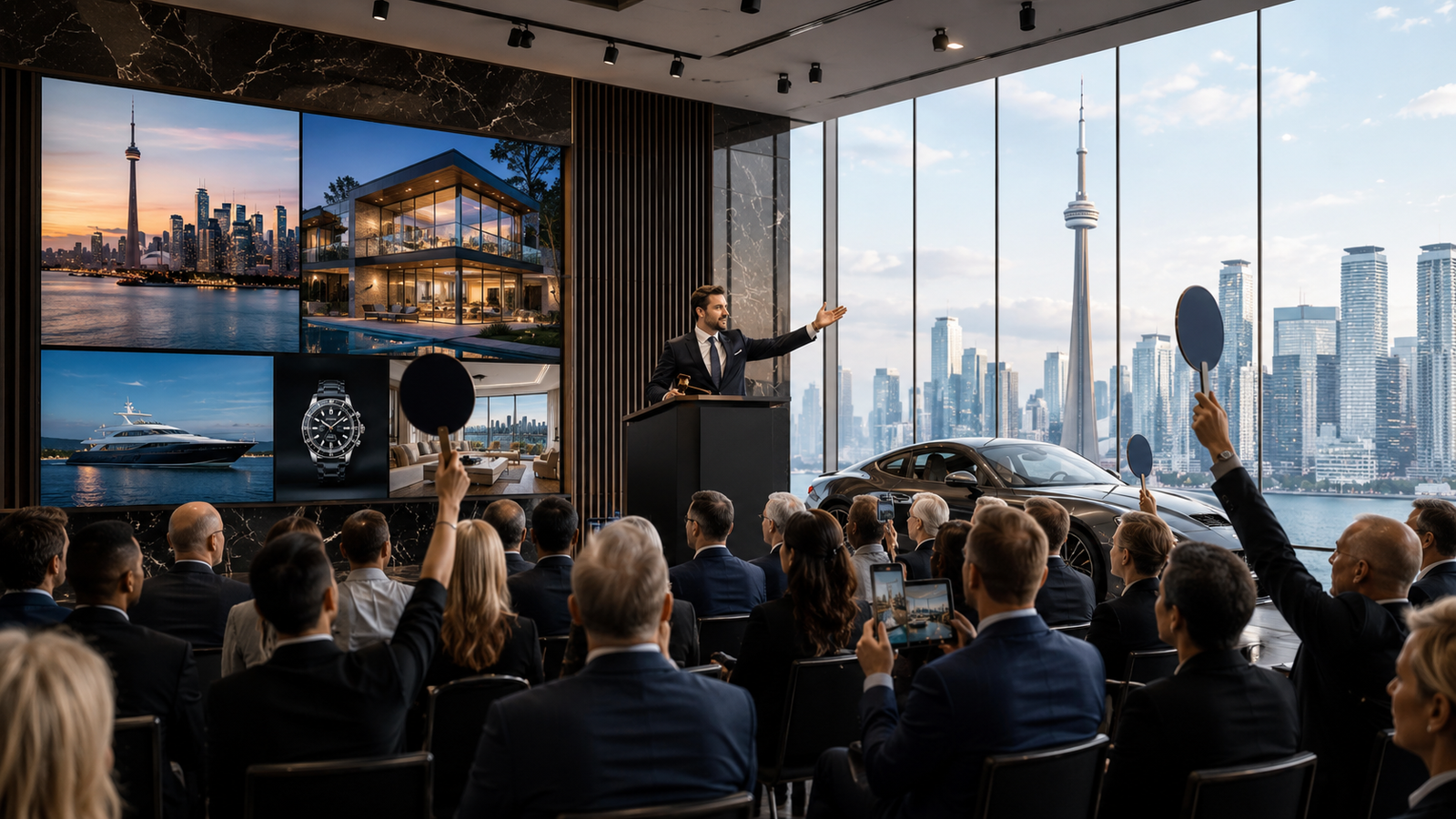 Luxury auction room in Toronto with bidders and high-value assets