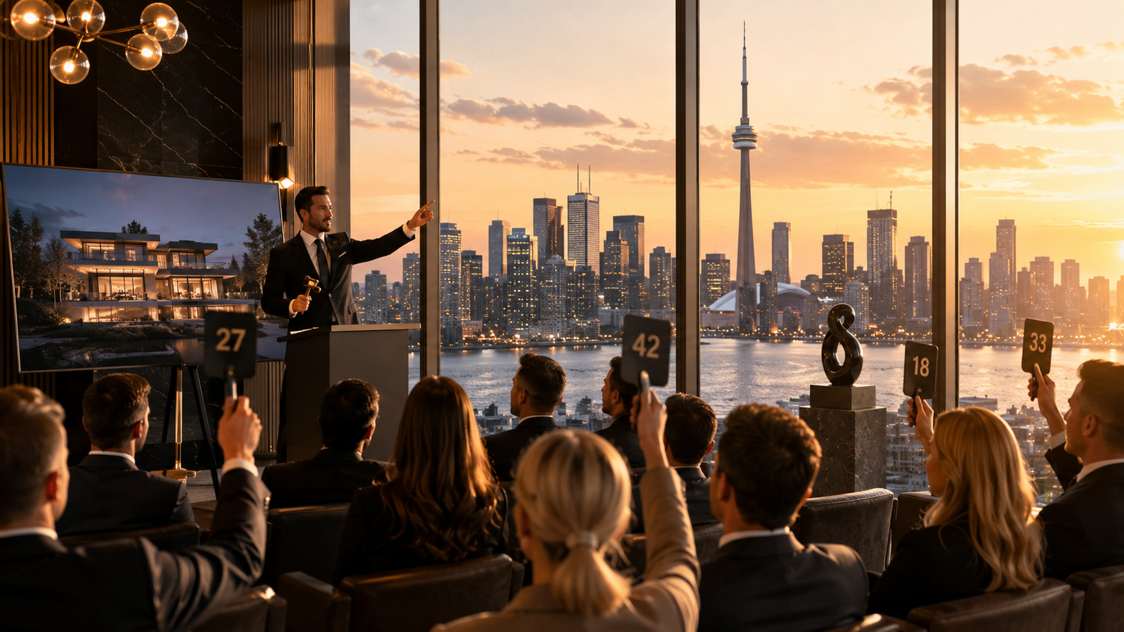 Auctioneer running a Toronto auction event with skyline view